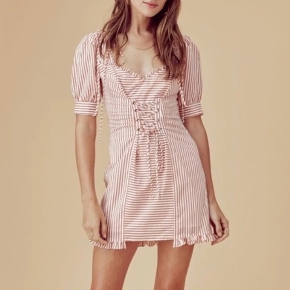 For Love & Lemons Selma Lace Up Striped Ruffle Mini Dress